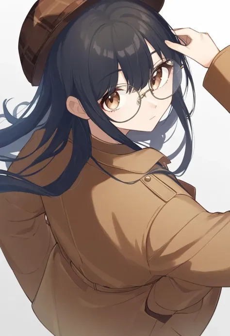 anime artwork [artist:ciloranko],artist:kazutake_hazano,[artist:kedama milk],[artist:ask_(askzy)],artist:wanke,artist:wlop,artist:fujiyama,1girl,detective hat,round eyewear,adjusting hat,one hand in pocket,trench coat,brown coat,long hair,black hair,brown eyes,expressionless,half closed mouth,from behind,from above,looking at viewer,simple background,best quality,amazing quality,very aesthetic,absurdres,. anime style,key visual,vibrant,studio anime,highly detailed,