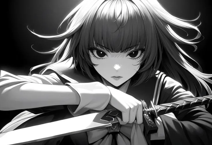 masterpiece,best quality,super detail,ultra detail,heroic,1girl,black school uniform,hime_cut,black long hair,black eye,hold sword,dyname pose,hyperrealistic,black background,monochrome,chiaroscuro,best quality,amazing quality,very aesthetic,absurdres,
