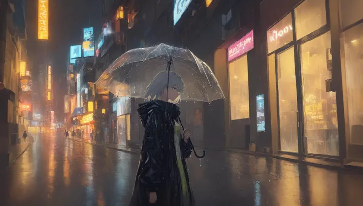 kal'tsit (arknights),[artist:wlop],artist:ciloranko,maximalism,blurry,blurry foreground,by rella,dark environment\\uff0c by yogisya,by sannso,Rainwater on clothes,raindrops falling on the body,from side,1girl,black raincoat,outside,upper body,solo,Streets,streetlights,neon lights,reflected lights,plastic umbrellas,light reflected from umbrellas,wet clothes,rainning outside,overcast sky,neon lights,lights,cyberpunk,windows,reflections,reflections,Neon lights outside the window,raindrops hitting the window at night,best quality,amazing quality,very aesthetic,absurdres,