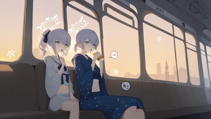 azusa_(blue_archive),artist:ciloranko,artist:alphonse_(white_datura),artist:ask_(askzy),artist:gomzi,artist:you_shimizu,year_2023,1girl,scenery,train interior,cowboy shot,blue eyes,medium hair,ponytail,sit on,look through the window,flipped hair,stomach,hooded cloak,yukata,spoken heart,drinking,cat print,snowflakes,best quality,amazing quality,very aesthetic,absurdres,