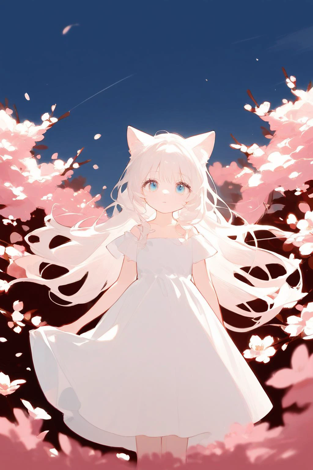 The image features a beautiful anime girl dressed in a flowing white and red dress, standing amidst a flurry of red cherry blossoms. The contrast between her white dress and the red flowers creates a striking visual effect. The lighting in the image is well-balanced, casting a warm glow on the girl and the surrounding flowers. The colors are vibrant and vivid, with the red cherry blossoms standing out against the white sky. The overall style of the image is dreamy and romantic, perfect for a piece of anime artwork. The quality of the image is excellent, with clear details and sharp focus. The girl's dress and the flowers are well-defined, and the background is evenly lit, without any harsh shadows or glare. From a technical standpoint, the image is well-composed, with the girl standing in the center of the frame, surrounded by the blossoms. The use of negative space in the background helps to draw the viewer's attention to the girl and the flowers. The cherry blossoms, often associated with transience and beauty, further reinforce this theme. The girl, lost in her thoughts, seems to be contemplating the fleeting nature of beauty and the passage of time. Overall, this is an impressive image that showcases the photographer's skill in capturing the essence of a scene, as well as their ability to create a compelling narrative through their art.catgirl,catgirl,white hair,blue eyes,
<lora:cat_cyan_xl:1>