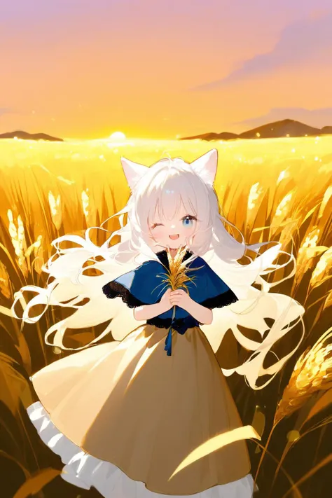 (drawn by Lynn Okamoto),center frame, sharp focus, (panorama, wide shot), best quality, masterpiece, extremely detailed, detailed background, (from above:1.2), 1girl, catgirl,solo,blue eyes,white hair, closed one eye, smile, open mouth, skirt, long hair, wavy hair, on side, fluffy hair, , french , blush, smile, capelet, lace trim, bodice, sunset, long dress, dusk, scenery, gold sky, high place, horizon, wheat field, wheat ears, wind, wind blow, looking at viewer, (depth of field), bokeh, (holding a flower:1.3), (holding:1.2),(medium):0.5,
<lora:cat_cyan_xl:1>