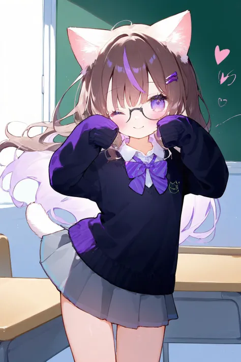 1girl, solo, long hair, looking at viewer, blush, smile, bangs, skirt, brown hair, shirt, hair ornament, long sleeves, animal ears, closed mouth, school uniform, purple eyes, tail, purple hair, heart, multicolored hair, pleated skirt, one eye closed, glasses, hairclip, cat ears, black skirt, sweater, streaked hair, cat tail, animal ear fluff, sleeves past wrists, hands up, leaning forward, cat girl, desk, grey skirt, black-framed eyewear, school desk, black sweater, tail raised, chalkboard, diagonal stripe
<lora:cat_cyan_xl:1>