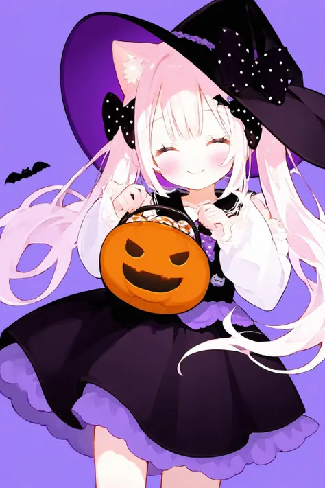 1girl, solo, witch hat, shirt, hat, animal ears, white shirt, closed eyes, facing viewer, pink hair, bow, skirt, hair ornament, twintails, blush, closed mouth, polka dot scrunchie, long sleeves, cat ears, smile, halloween bucket, animal ear fluff, frilled skirt, halloween, good shade, long hair, ^ ^, bangs, pink bow, holding, bat hair ornament, black skirt, striped, striped bow, frills, sleeveless, polka dot, food, very long hair, black headwear, polka dot bow, hands up, sleeves past wrists, black bow, detached sleeves, purple bow, purple skirt, cat girl, hat bow, black sailor collar
<lora:cat_cyan_xl:1>