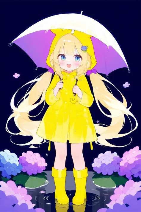 1girl,rainbow,raincoat,yellow raincoat,rubber boots,hydrangea,flower,long hair,twintails,boots,blush,umbrella,open mouth,hair ornament,white background,hood,solo,teruterubouzu,very long hair,hood up,long sleeves,low twintails,bow,bangs,smile,animal hood,blue eyes,rabbit,closed umbrella,puddle,full body,:d,snail,yellow footwear,simple background,pink flower,standing,leaf umbrella,holding umbrella,food-themed hair ornament,hair bow,animal ears,holding,blonde hair,hair flower,rain,animal,clpstyle,
<lora:cat_cyan_xl:1>