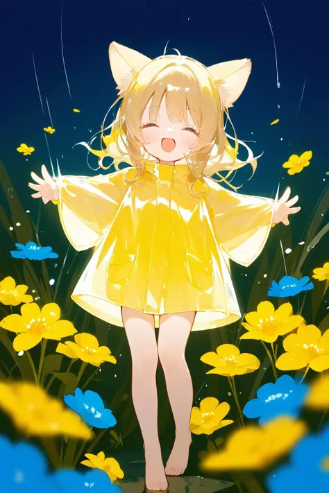 raincoat, pop style, glowing, Ears, 1 girl, full body, fairy, yellow flower, brown hair, open mouth, closed eyes, blonde hair, blue flower, masterpiece, best quality
<lora:cat_cyan_xl:1>