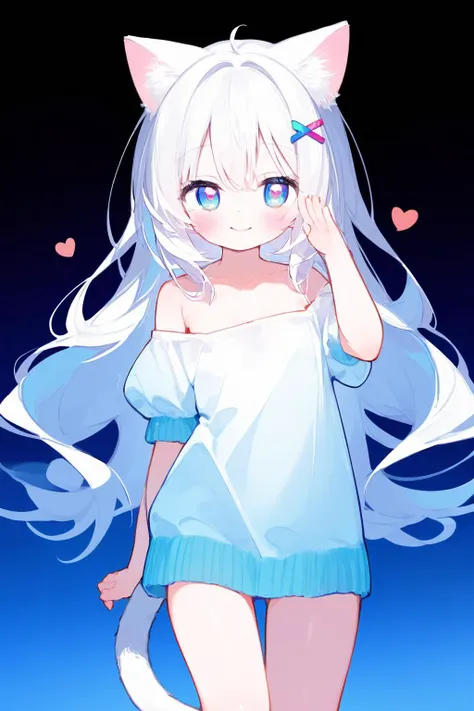 petite,blue eyes,catgirl, cat ears,solo, heart, puffy short sleeves, white hair, long hair, off shoulder, bangs, hair ornament, gradient background,rainbow gradient, x hair ornament, animal ear fluff, looking at viewer, very long hair, blush, smile, cat ears, bare shoulders, collarbone, hand up, gradient sweater, hair between eyes, arm up, heart-shaped pupils, hairclip, medium breasts, salute, bare legs,full body
<lora:cat_cyan_xl:1>