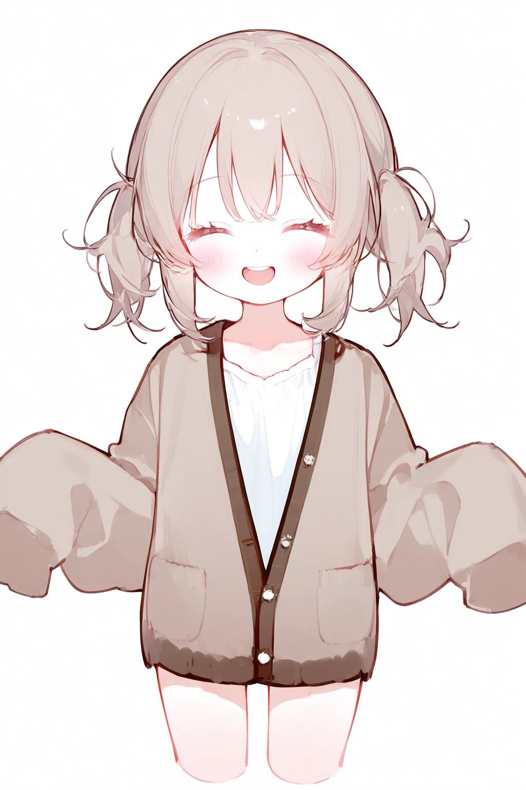 1girl, solo,light brown hair, twintails, blush, smile, shirt, white shirt, long shirt, ^ ^, brown cardigan, cardigan, closed eyes, collarbone, cropped legs, long sleeves, sleeves past fingers, sleeves past wrists, upper teeth only, teeth, white background
<lora:cat_cyan_xl:1>