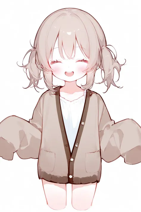 1girl, solo,light brown hair, twintails, blush, smile, shirt, white shirt, long shirt, ^ ^, brown cardigan, cardigan, closed eyes, collarbone, cropped legs, long sleeves, sleeves past fingers, sleeves past wrists, upper teeth only, teeth, white background
<lora:cat_cyan_xl:1>