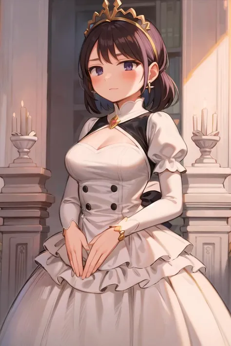 best quality, masterpiece, solo, 1girl, <lora:harunomanji-10:1>, purple_hair, tiara, dress, puffy sleeves, jewelry,
