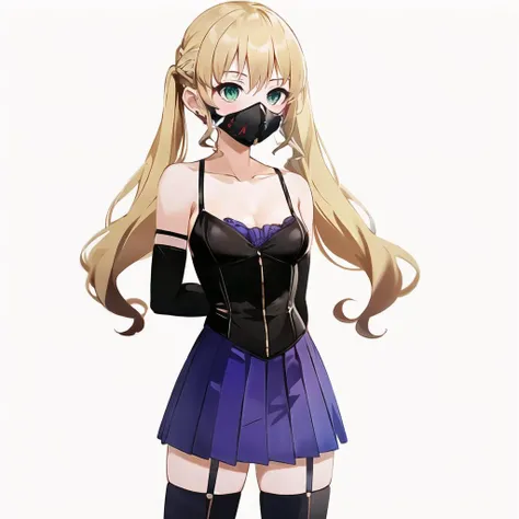<lora:Mia_Karnstein_v10:0.8>, closed mouth, green eyes, blonde hair, twintails , breasts, cleavage, upper body, purple skirt, purple thighhighs, long hair,
standing, small breasts, open clothes,black gloves,black elbow gloves, collarbone, boots, black footwear, (gas mask:1.2), (arms behind back:1.2),
(high quality, highres, best quality:1.2), 4k, 1girl, simple background, solo, Mia Karnstein, shiny, white background,<lora:OffsetNoise Anime:1.0>