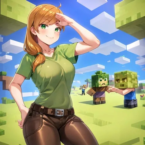 1girl, belt, blue_sky, blush, boots, breasts, brown_hair, cloud, day, facial_hair, green_eyes, green shirt,brown pants, long_hair, orange_hair,realistic, ,shirt, sky, smile,alex,minecraft, <lora:alexminecraft:0.8>, <lora:more_details:0.5>,straight-arm salute,