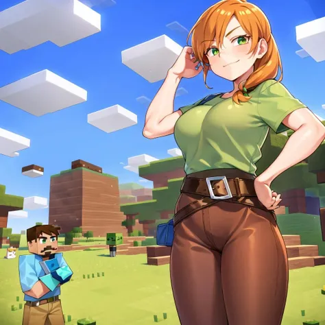 1girl, belt, blue_sky, blush, boots, breasts, brown_hair, cloud, day, facial_hair, green_eyes, hand_on_hilt, hand_on_hip,green shirt,brown pants, long_hair, orange_hair,realistic, ,shirt, sky, smile,alex,minecraft, <lora:alexminecraft:0.8>, <lora:more_details:0.5>