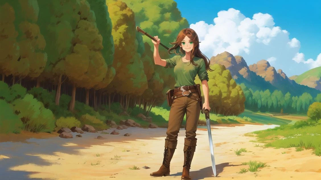 (landscape:1.4), (forest:1.2), valley, 1girl, belt, blue_sky, blush, boots, (small breasts), brown_hair, cloud, day, facial_hair, green_eyes, hand_on_hilt, hand_on_hip, (green shirt:1.3), (brown pants:1.3), long_hair, orange_hair,realistic, ,shirt, sky, smile,alex, <lora:alexminecraft:0.1>, shexyo, holding a sword, cute, beautiful, detailed face,