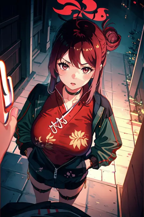 masterpiece, best quality,  <lora:ba_reijo-10:1> reijo kayama, ahoge, single hair bun, halo, black jacket, china dress, thigh strap, choker, cowboy shot, looking at viewer, night, cyberpunk, cityscape, grin