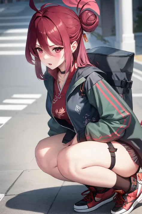 <lora:Kayama Reijo:0.8>, kayama reijo, 1girl, solo, long hair, breasts, looking at viewer, blush, large breasts, simple background, hair ornament, red eyes, long sleeves, dress, hair between eyes, jewelry, sitting, closed mouth, jacket, purple hair, earrings, open clothes, choker, grey background, mole, open jacket, black jacket, mole under eye, thigh strap, black choker, chinese clothes, china dress