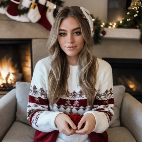 <lora:qtcinderella_sd15_512_128_64_v1:1> qtcinderella, 1girl blonde long weavy hair, wearing a christmas sweater, christmas decoration in background, lit fireplace in background