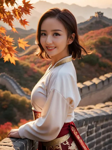 cinematic photo of sunset,cloudy sky,on the great wall,
<lora:yaya_XL_1_-000005:1>,
yaya,1girl,light smile,medium hair,dynamic_angle,skirt_hold,autumn,colorful leaves,hanfu tang,chest po skirt,, 35mm photograph, film, bokeh, professional, 4k, highly detailed