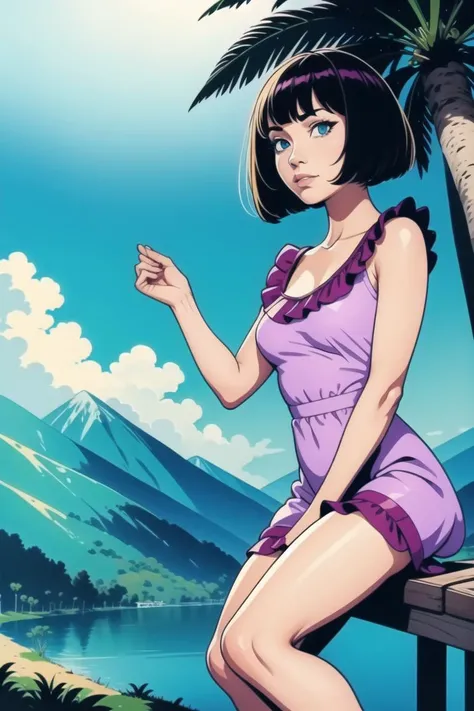 spread_legs, bob_cut, ,Frilled Dress , bangs, mountainous_horizon, palm_tree, outdoors <lora:shady_v1:0.5>