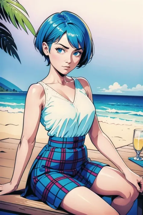 blue hair,plaid_skirt,Very Short Hair,table,sitting,beach,teacher, blonde_hair <lora:shady_v1:0.5>