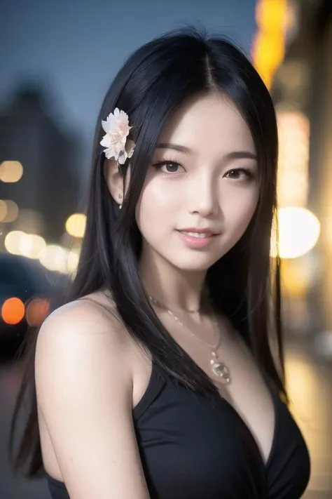 (8k, RAW photo, best quality, masterpiece:1.2), (realistic, photo-realistic:1.37),<lora:koreanDollLikeness_v10:0.5> <lora:stLouisLuxuriousWheels_v1:1,st. louis \(luxurious wheels\) ,1girl,(Kpop idol), (aegyo sal:1),hair ornament, portrait, necklace,cute,cityscape, night, wet, professional lighting, photon mapping, radiosity, physically-based rendering, bokeh, thighhighs, smile, pose, long black hair, medium breasts, loose clothes, hanfu,