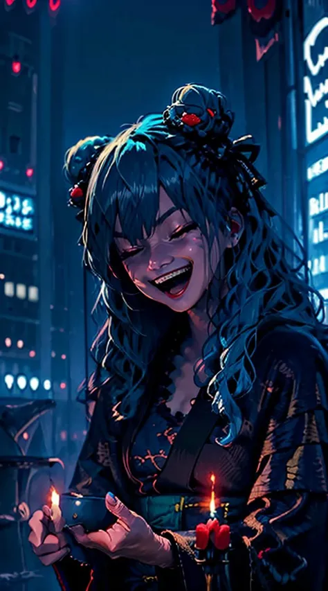 masterpiece,1girl,<lora:DarkerLight2:1>,DarkerLight,1girl, solo, closed eyes, smile, open mouth, blue hair, double bun, kimono, japanese clothes