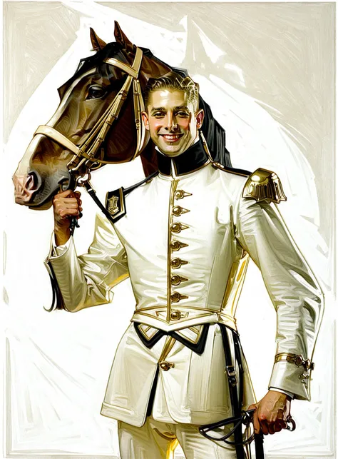 leyendecker, masterpiece, best quality, very aesthetic, absurdres, man, smirk, hand holding reigns, standing next to a horse, simple background, white background, half body