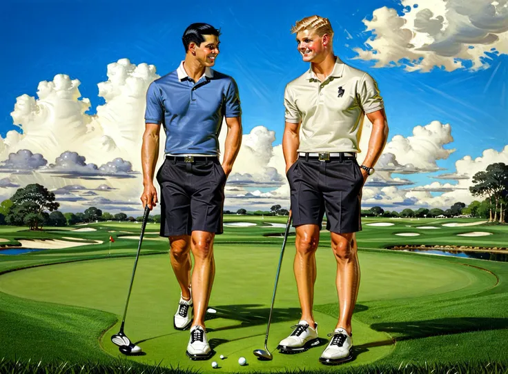 leyendecker, two men, black hair, slicked back hair, blonde hair, short hair, smile, looking at each other, walking, polo shirt, black shorts, (black leggings:0.5), dramatic, masterpiece, outdoors, grass, holding golf club, white two-toned shoes, cute, sunny, blue sky, pillowy clouds, full body, detailed background