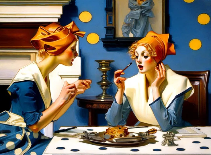 <lora:j_c_leyendecker_style_v3:1>leyendecker, masterpiece, best quality, very aesthetic, absurdres, two women, ginger, blonde, curly hair, talking, open mouth, looking at each other, gossiping, makeup, headscarf, blouse, blue polka dot, dramatic, masterpiece, indoors, cute, table, fireplace