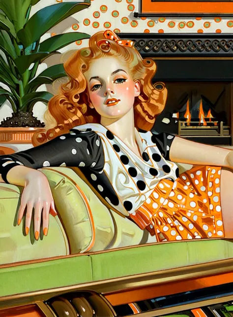 Detailed cartoon illustration by Leyendecker, masterpiece, A young woman laying on a couch in a living room. She has curly long orange hair and is wearing a polka dot blouse, skirt and black leggings. Behind her is a fireplace and a potted plant. Light-skinned female. The framing is a profile view, half-body shot from the side.