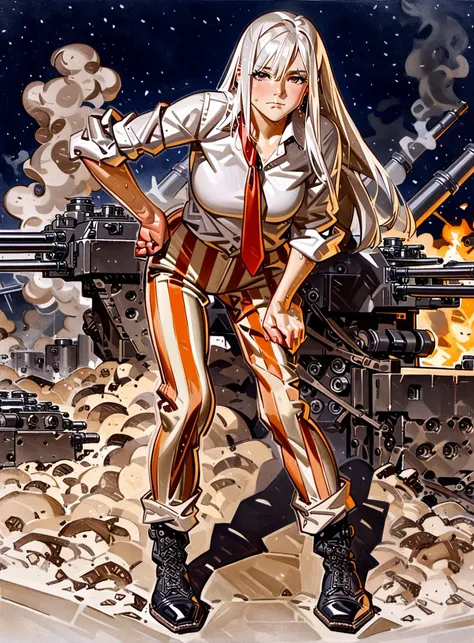 leyendecker, masterpiece, best quality, very aesthetic, absurdres, 1girl, female focus, white hair, long hair, red vertical-striped pants, white shirt, sleeves rolled up, (red undone necktie:0.85), black boots, tired, full body, standing, night, giant artillery battery, looking at viewer, sweat, smoke in the background, battlefield, dramatic, masterpiece, (cute:0.5)