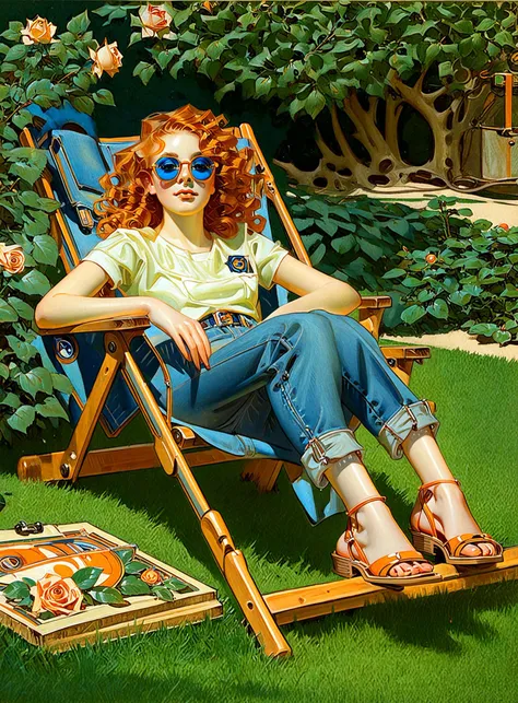 Digital illustration by Leyendecker, masterpiece, A young woman laying on a lawn (chair:0.5) in the backyard. She has curly long orange hair and is wearing baggy blue jeans, (basketball:0.5) (shoes:0.75) and sun glasses. Behind her there is a (tree:0.25) trunk and a rose bush. Light-skinned female. The framing is a profile view, half-body shot from the side.