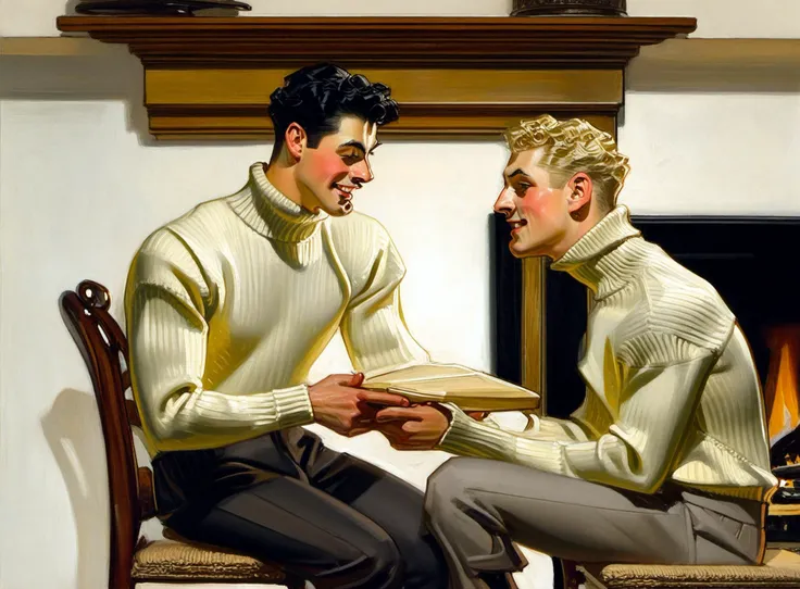 leyendecker, masterpiece, best quality, very aesthetic, absurdres, two men, black hair, slicked back hair, blonde, curly hair, short hair, pencil mustache, talking, open mouth, looking at each other, gossiping, smile, long pants, white ribbed sweater, (black leggings:0.5), dramatic, masterpiece, indoors, cute, table, fireplace