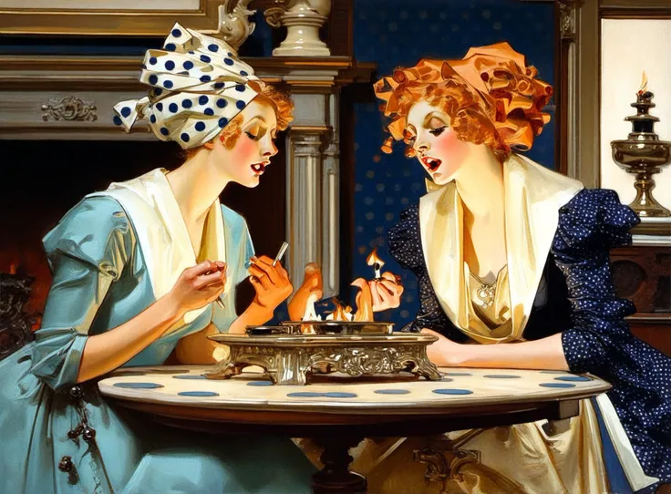 leyendecker, masterpiece, best quality, very aesthetic, absurdres, two women, ginger, blonde, curly hair, talking, open mouth, looking at each other, gossiping, makeup, headscarf, blouse, blue polka dot, dramatic, masterpiece, indoors, cute, table, fireplace