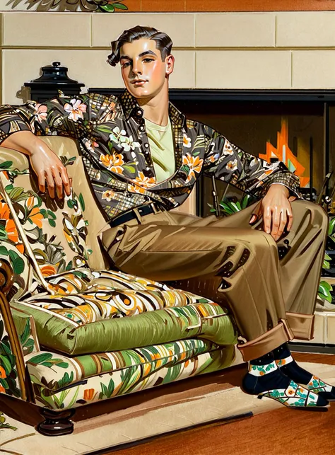 Detailed cartoon illustration by Leyendecker, masterpiece, A young man laying on a couch in a living room. He has short slicked-back brown hair and is wearing a floral shirt with sleeves rolled up, brown pants and black socks. Behind him is a fireplace and a potted plant. Light-skinned male. The framing is a profile view, half-body shot from the side.