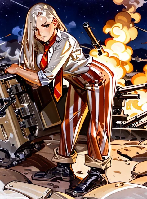 leyendecker, masterpiece, best quality, very aesthetic, absurdres, <lora:uncle_sam_animagine_xl_3_1_v01-000020:1>1girl, female focus, white hair, long hair, red vertical-striped pants, white shirt, sleeves rolled up, (red undone necktie:0.85), black boots, tired, full body, standing, night, giant artillery battery, looking at viewer, sweat, smoke in the background, battlefield, dramatic, masterpiece, (cute:0.5)<lora:j_c_leyendecker_style_v3:1>