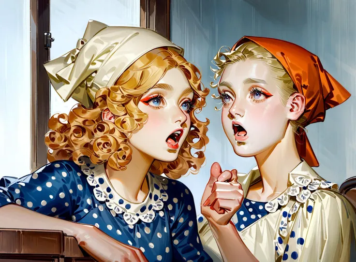 leyendecker, realistic, masterpiece, best quality, very aesthetic, absurdres, two women, ginger, blonde, curly hair, talking, open mouth, looking at each other, gossiping, makeup, headscarf, blouse, blue polka dot, dramatic, masterpiece, indoors, cute