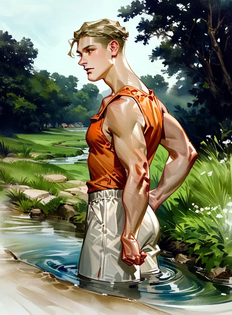 leyendecker, realistic, masterpiece, best quality, very aesthetic, absurdres, 1boy, solo, orange tank top, white shorts, looking to the side, from side, standing in water, stream of water, suburbs, green lawn, dramatic