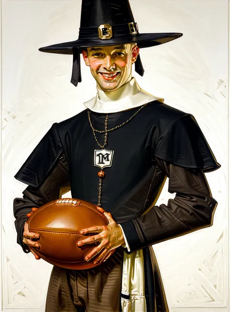 leyendecker, masterpiece, best quality, very aesthetic, absurdres, man, smirk, holding a football, wearing a black pilgrim capotain hat, simple background, white background, half body