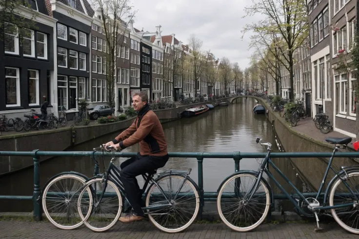 man riding a (bicycle:0.5) in the city <lora:ARWAmsterdamCanalHouse:0.8> amsterdamcanalhouse, cinematic