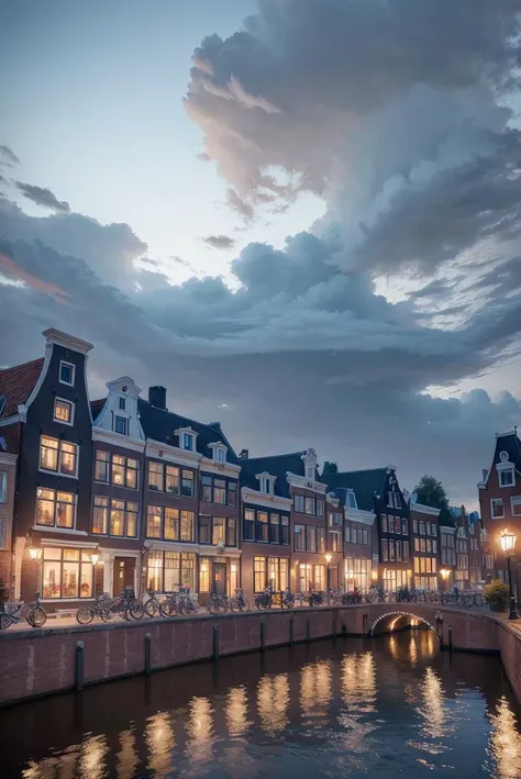 landscape, photography, amsterdamcanalhouse, bicycle, city, cloudy sky, epic, cinematic, river, ornate, realistic, advntr, <lora:ARWAmsterdamCanalHouse:1>