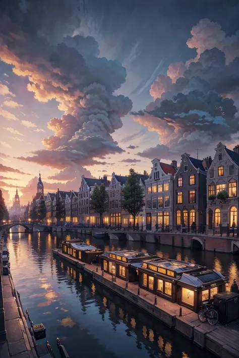 landscape, photography, amsterdamcanalhouse, bicycle, city, cloudy sky, epic, cinematic, river, ornate, realistic, advntr, <lora:ARWAmsterdamCanalHouse:1>