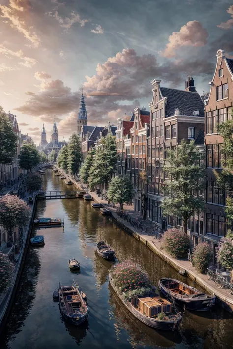 landscape, photography, amsterdamcanalhouse, flower, bicycle, city, daylight, epic, cinematic, river, ornate, realistic, advntr, <lora:ARWAmsterdamCanalHouse:1>