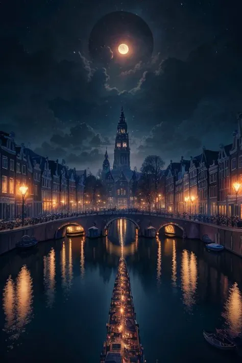 landscape, photography, amsterdamcanalhouse, blue dome, flower, bicycle, city, night, lamp, full moon, dawn, epic, cinematic, river, ornate, realistic, advntr, <lora:ARWAmsterdamCanalHouse:1>