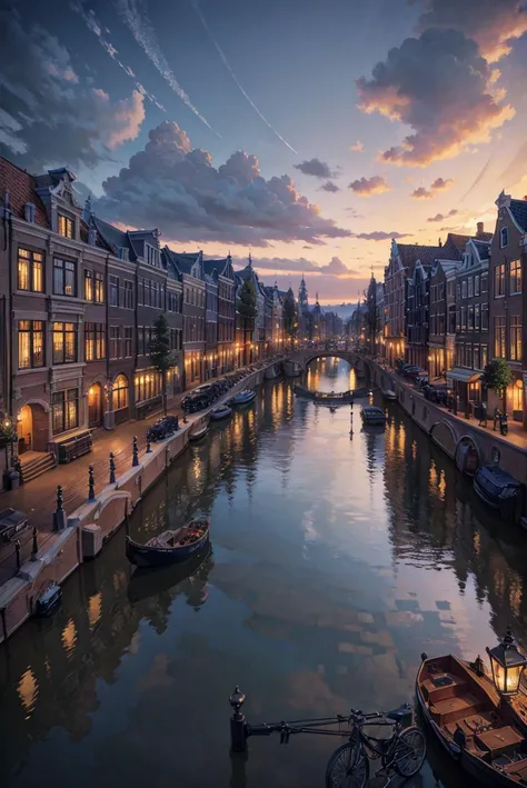landscape, photography, amsterdamcanalhouse, bicycle, city, cloudy sky, epic, cinematic, river, ornate, realistic, advntr, <lora:ARWAmsterdamCanalHouse:1>