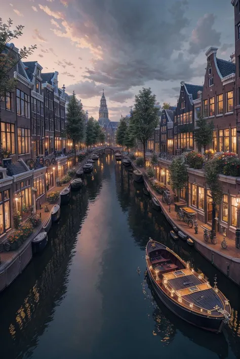 landscape, photography, amsterdamcanalhouse, flower, bicycle, city, dawn, epic, cinematic, river, ornate, realistic,  advntr, <lora:ARWAmsterdamCanalHouse:1>
