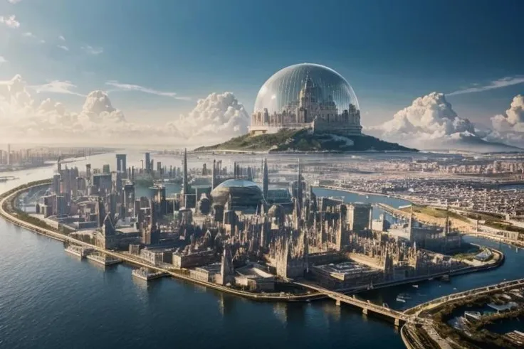 ((Best quality)),((masterpiece)),((realistic)), Close caption of a fantasy world of floating cities protected by transparent glass domes. RAW photo, subject, (high detailed skin:1.2), 8k uhd, dslr, soft lighting, high quality, film grain, Fujifilm XT3