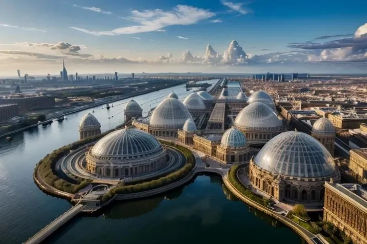 ((Best quality)),((masterpiece)),((realistic)), Close caption of a fantasy world of floating cities protected by transparent glass domes. RAW photo, subject, (high detailed skin:1.2), 8k uhd, dslr, soft lighting, high quality, film grain, Fujifilm XT3