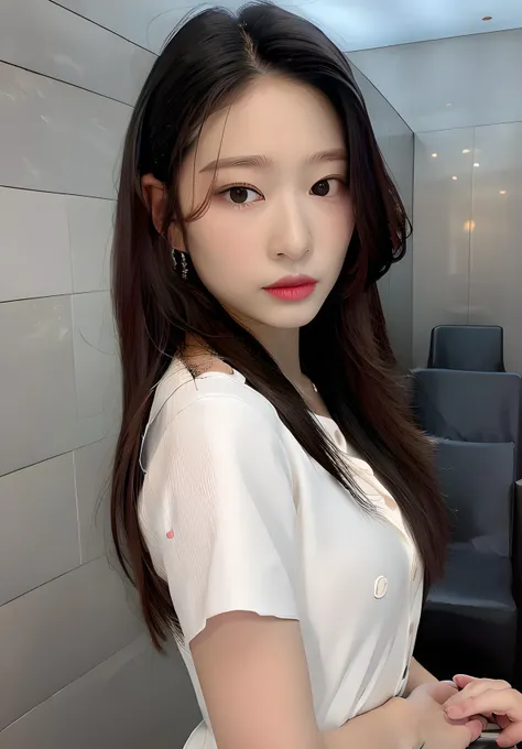 minju, red lips, (closeup photo),(realistic, photo-realistic:1.37), ((best quality)), (masterpiece:1.5), (best quality:1.2), looking at the camera, detailed beautiful skin, long hair, (black shirt), ((small breast)), narrow waist, at the bathroom:1.2,<lora:MinjuV4:1>
