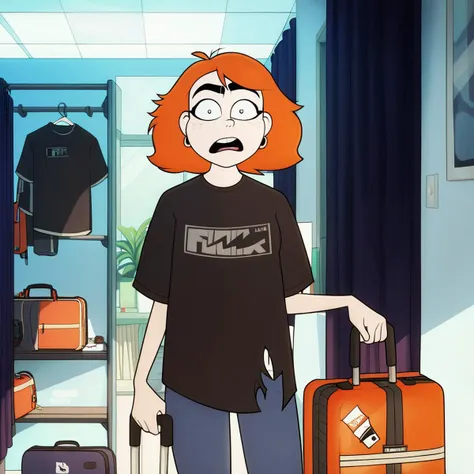 badmascot, 1girl, solo, looking at viewer, short hair, open mouth, shirt, short sleeves, pants, indoors, medium hair, bag, orange hair, torn clothes, black shirt, t-shirt, freckles, jeans, wide-eyed, blue pants, luggage, rolling suitcase
score_9, score_8_up, score_7_up, score_6_up, score_5_up, score_4_up
<lora:badmascot:0.9>